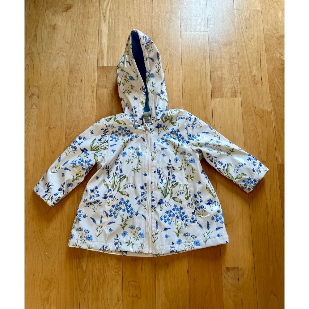 Little Me Raincoat Girls 12M Blue Floral Water Resistant Fleece Lined Bow Back